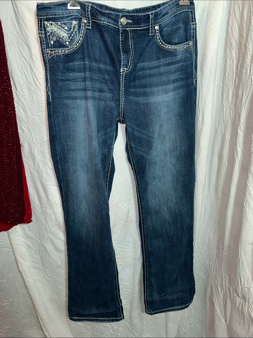 Grace in LA Dark Blue Embroidered Waist Straight Jeans